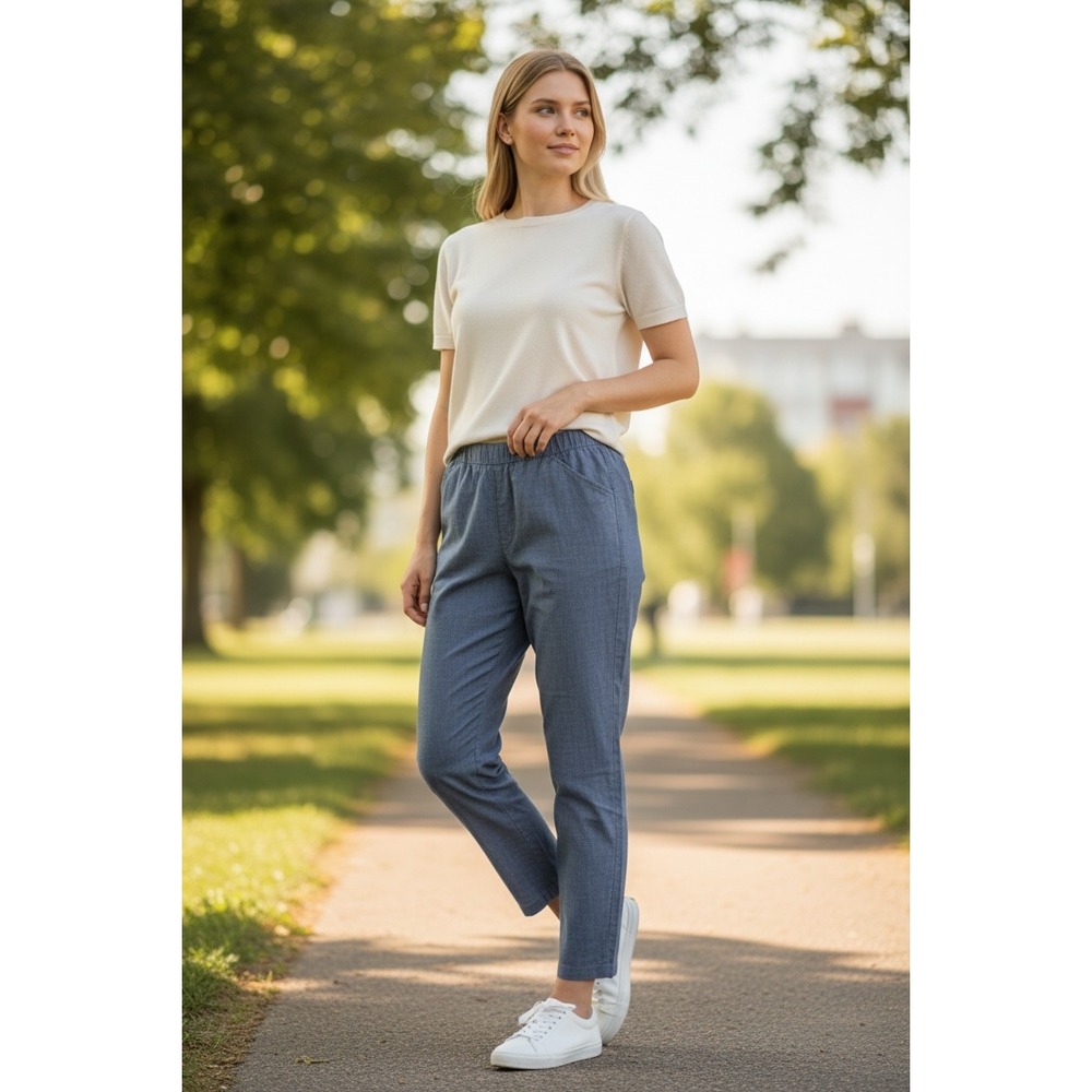 Lands' End Womens Pull On Chambray Pants 10 Blue Mid Rise Stretch Resort Coastal